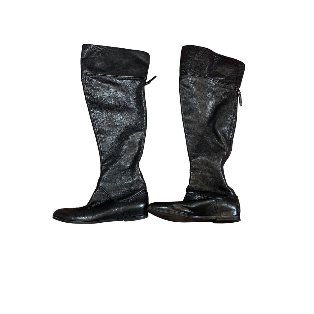 Via Spiga Black Leather Knee High Boots Zip Back Wedge Heel Womens Size 8